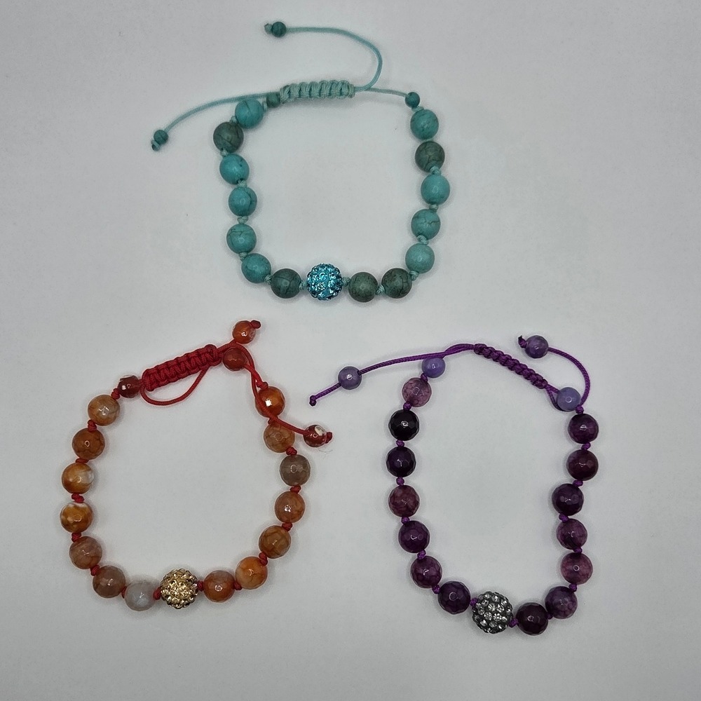 3 Adjustable Shamballa Bracelets Dyed Howlite Faceted Glass Rhinestone Bead Lot